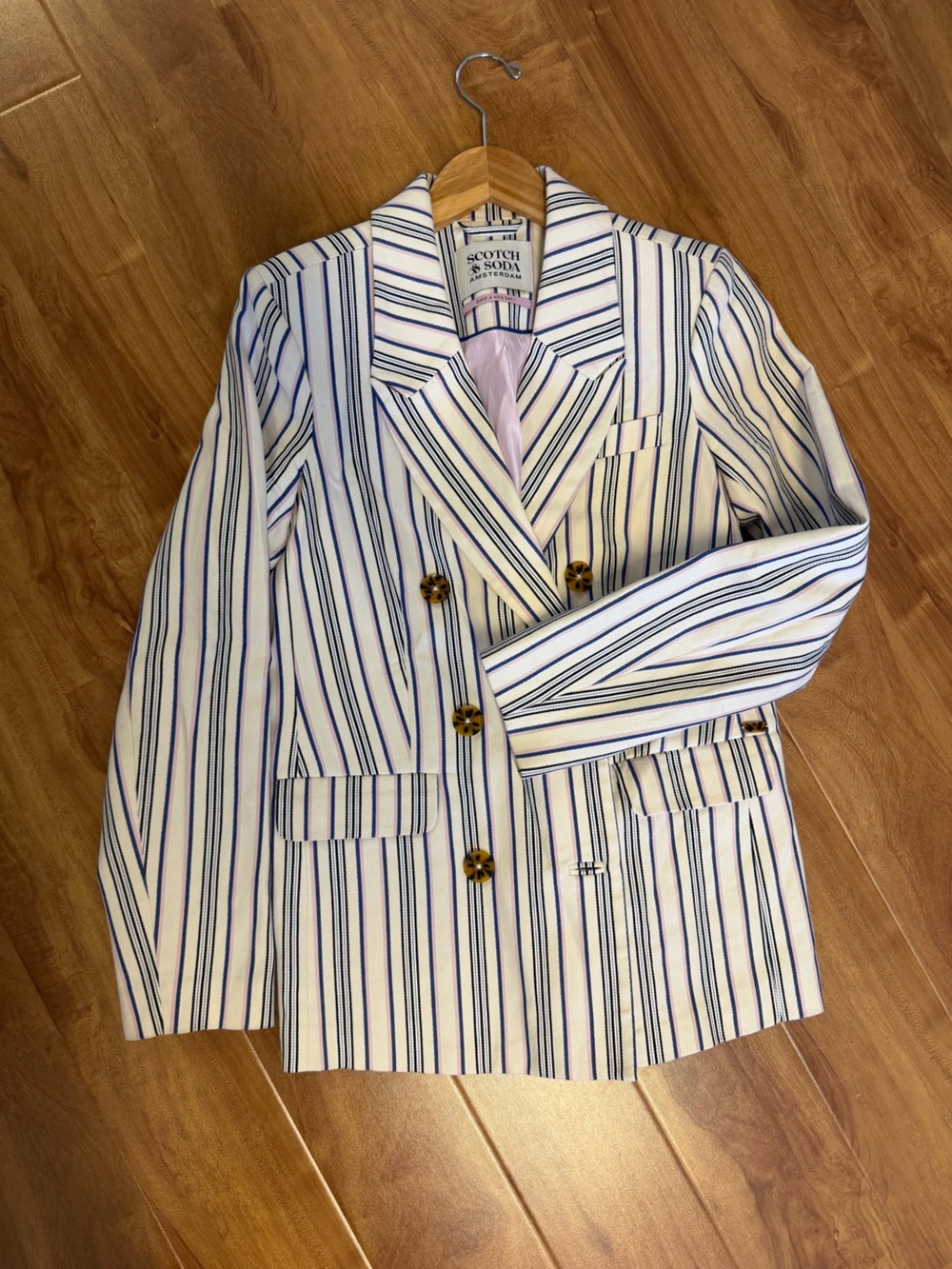 Scotch & Soda Striped Double-Breasted Blazer in White with Navy & Pink Stripes